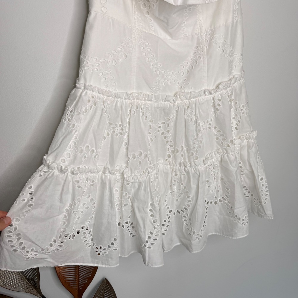 C24 Zara White Eyelet Embroidery Off The Shoulder Tiered Mini Dress Small - Picture 6 of 12